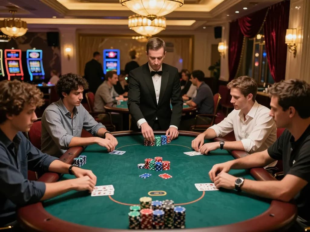 Pemain terlibat dalam permainan poker yang intens di meja kasino, menunjukkan antusiasme mpi2121 untuk permainan strategis.