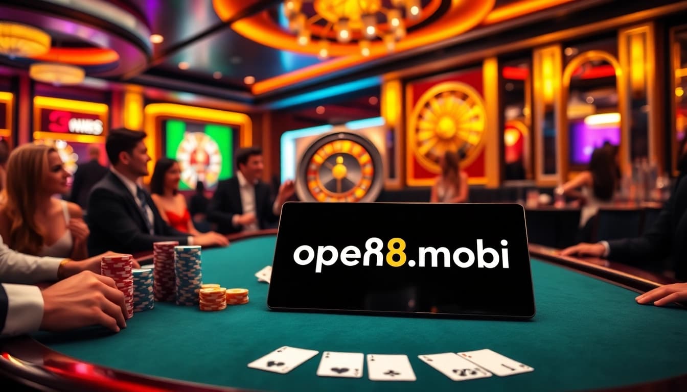 Experience thrilling gameplay at open88.mobi with vibrant casino scenes featuring blackjack tables and poker chips.