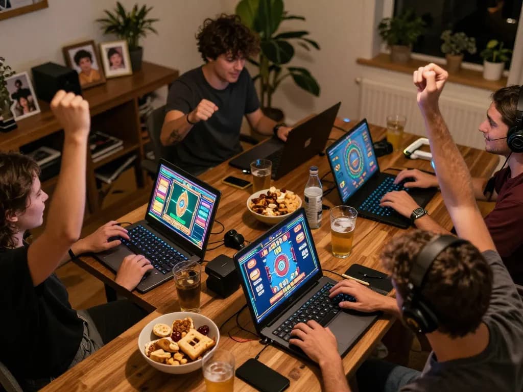 Pemain Bintangmpo merayakan kemenangan dalam permainan slot online di tablet sambil menikmati suasana rumah yang nyaman
