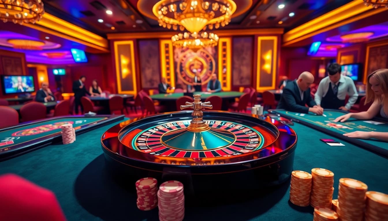 mm88 casino players enjoying a game at a luxurious roulette table with vibrant ambiance