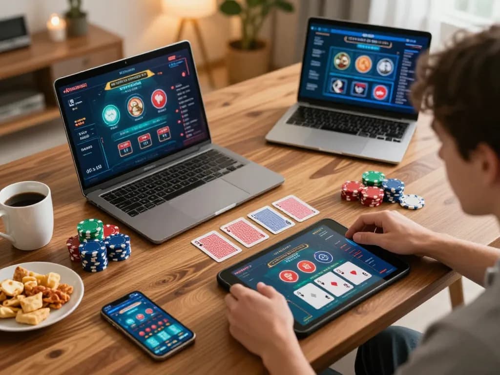 Engaging home gameplay at nhà cái rr88 with a person playing blackjack on a tablet, showcasing a responsible gambling environment.