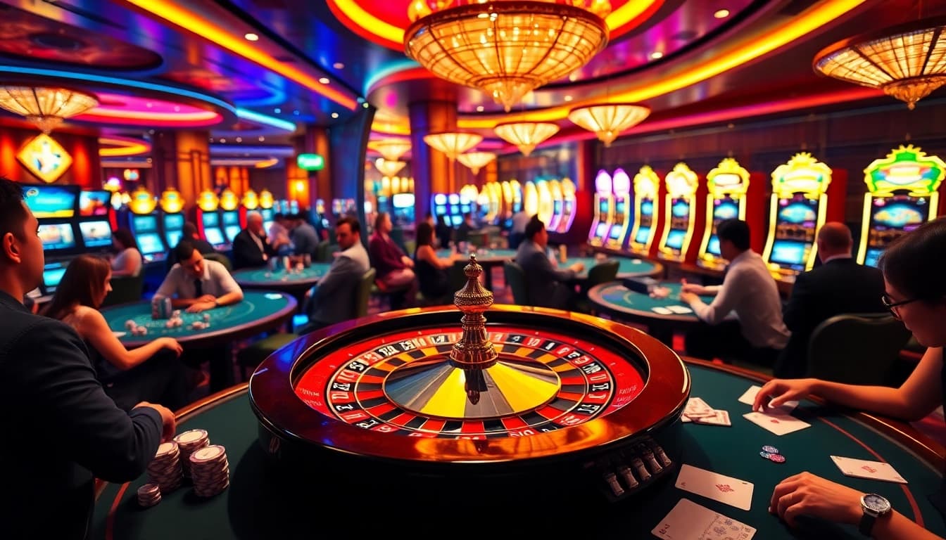 Engaged gamblers playing at a vibrant casino featuring elements from https://rr9957.com/ for a thrilling gambling experience.
