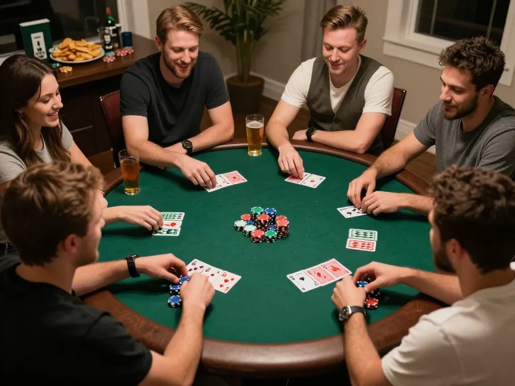 Friends enjoying a poker game at home, creating a fun atmosphere with god55 casino vibes.