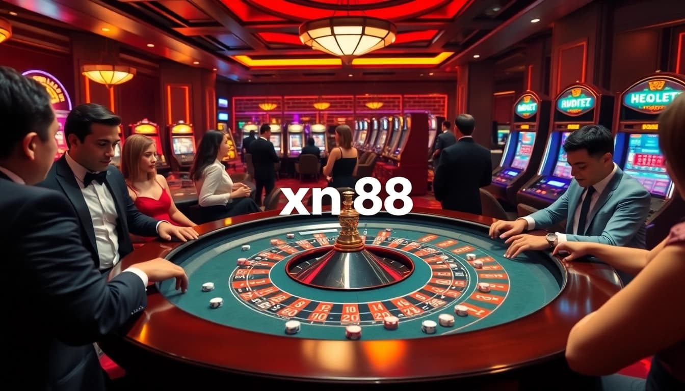 Engaging scene of gamblers at a luxurious casino, highlighting đăng nhập xn88 features and excitement around betting.