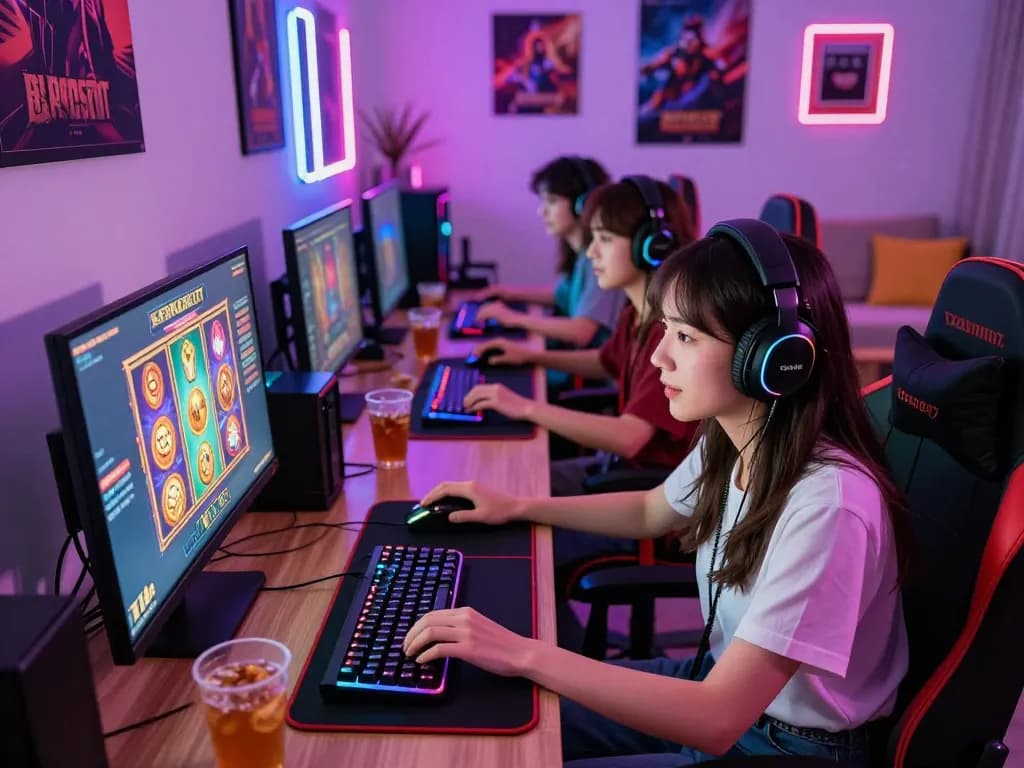 Engaged gamers enjoying barcaslot slot games in a vibrant home gaming setup.