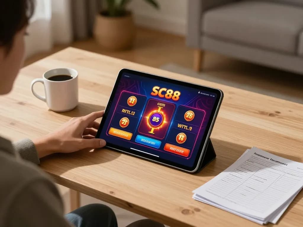 Engaging with the SC88 casino app on a tablet in a warm, cozy home setup featuring a strategic gaming atmosphere.
