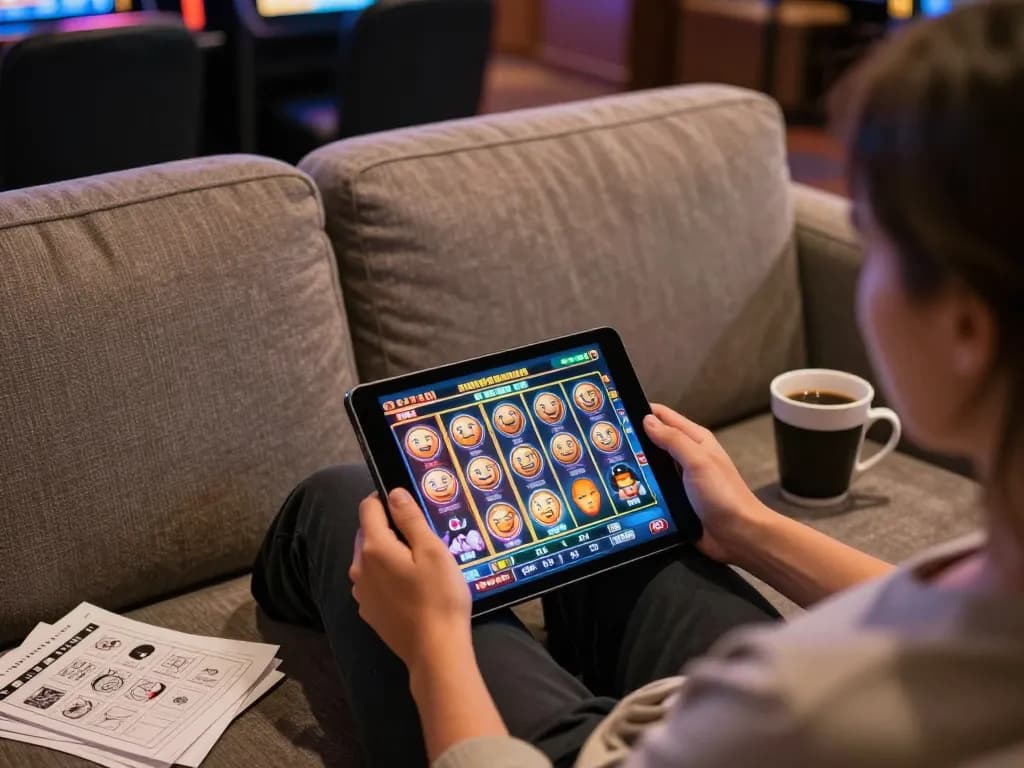 Player enjoying slot games on a tablet, cozy home setup with strategy notes and warm lighting