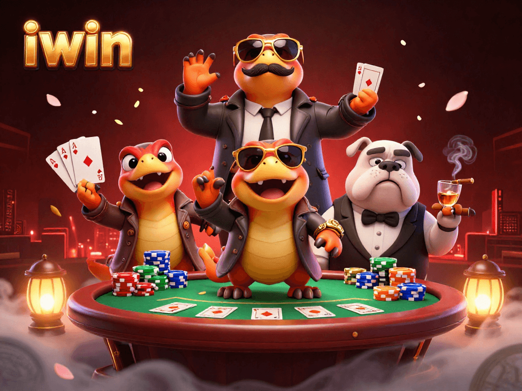 Engage in thrilling iwin poker action with cartoon raptors disguised as a tall player in a lively casino.