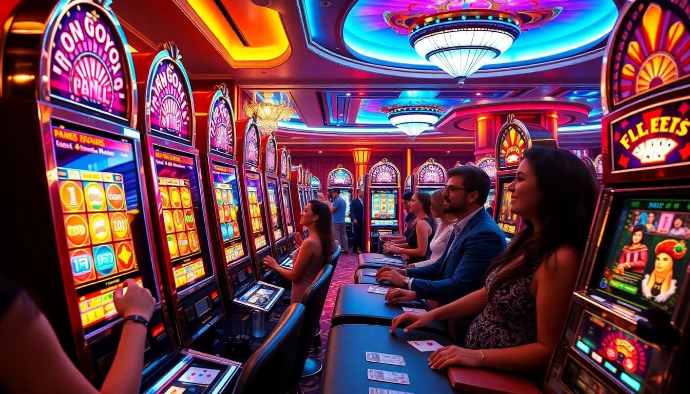 Players spinning slot machines in a vibrant casino environment, showcasing excitement and anticipation.