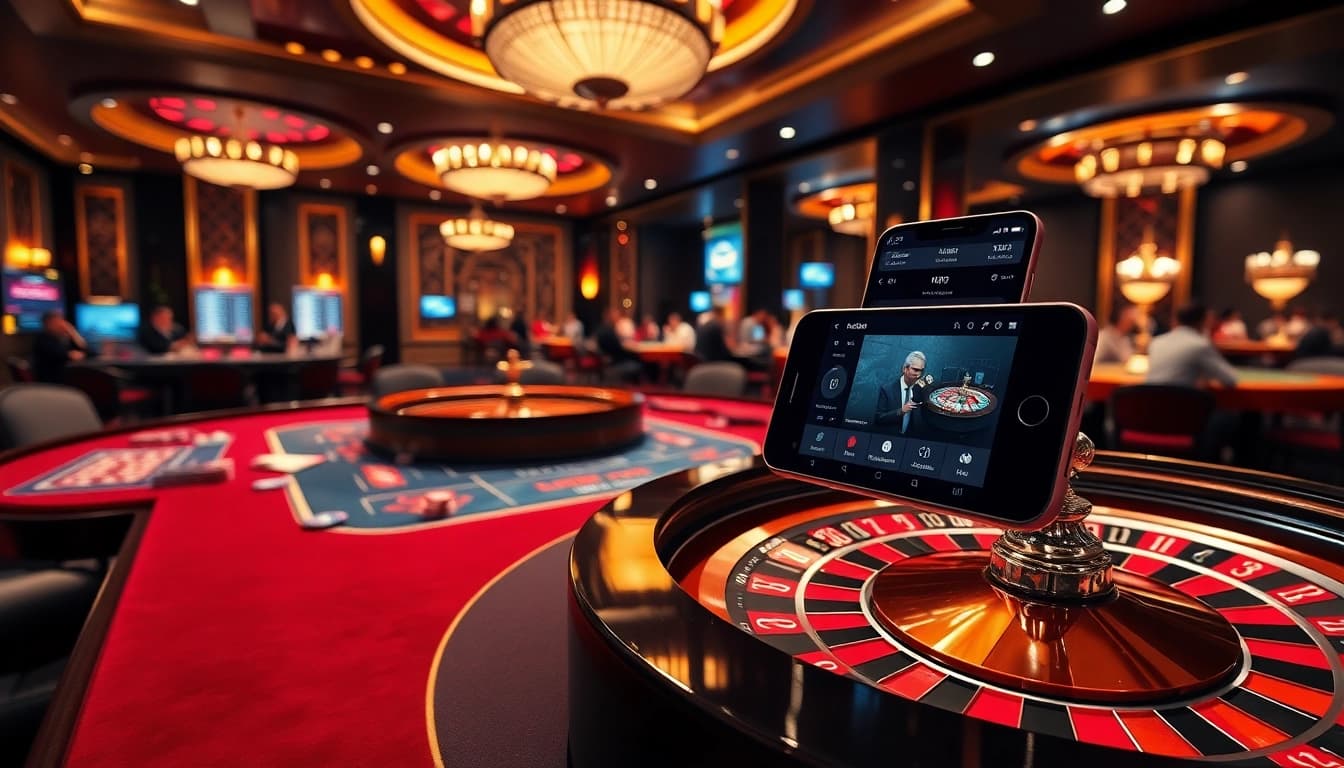 Exciting scene of gaming tables and LINK NEO79 displayed on a smartphone, capturing a vibrant casino atmosphere.