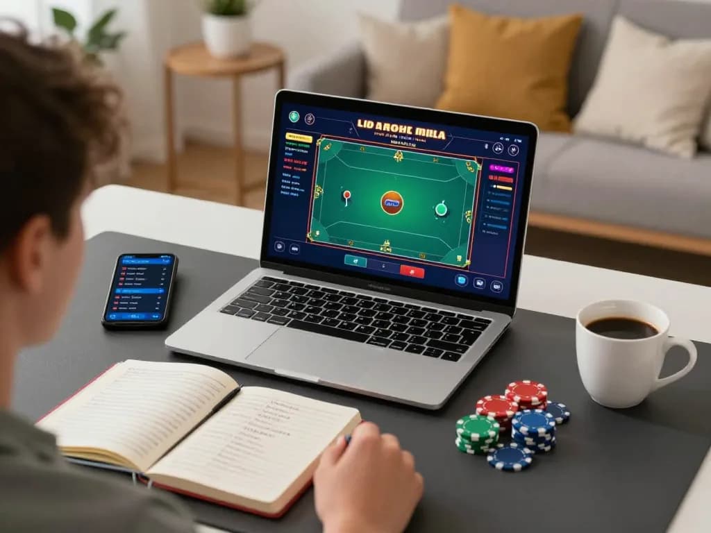 Xócdiaclub online poker game in progress at home setting, showcasing strategic gameplay atmosphere.