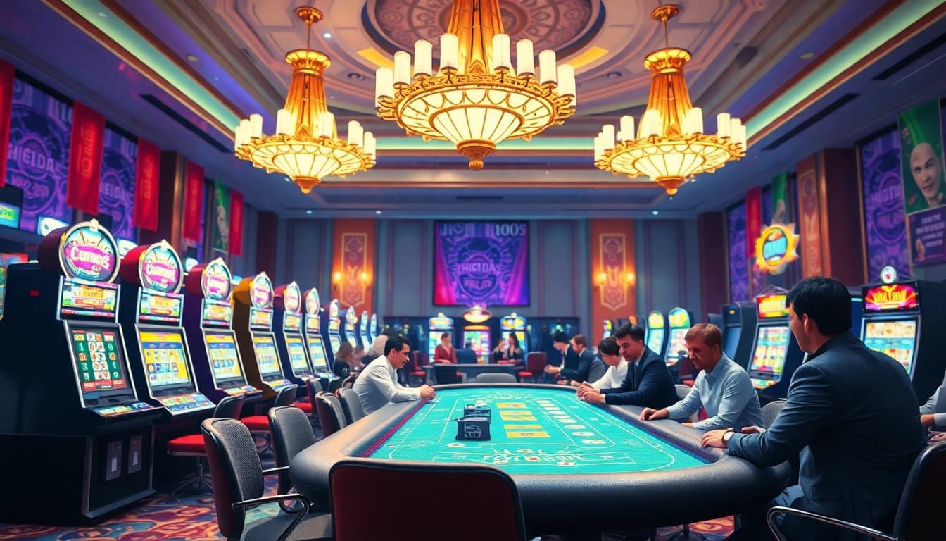 Katsu5 Resmi, suasana kasino yang meriah dengan mesin slot dan meja poker yang penuh pengunjung.