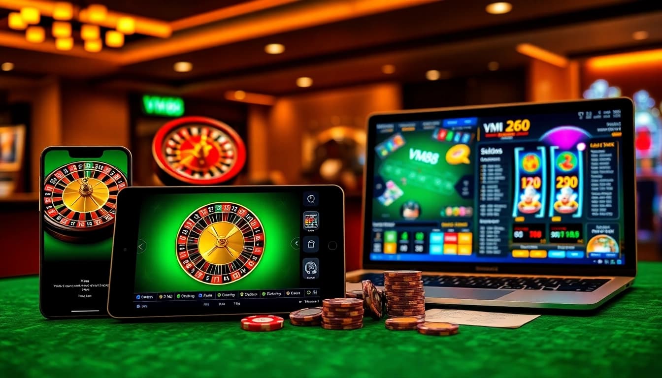 VM88 online casino interface displaying fast-loading digital roulette and poker chips in luxurious setting