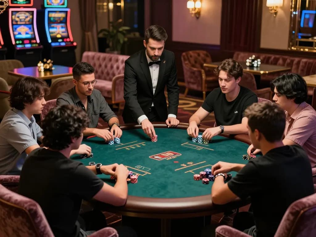 8xbet players engaging in an intense poker game in a luxurious venue with ambient lighting and sleek decor.