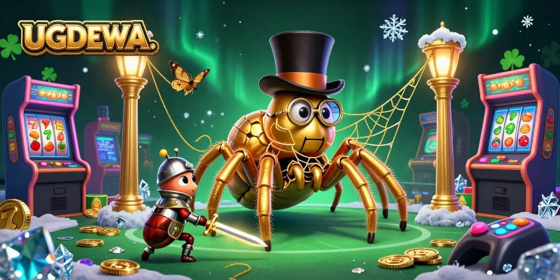 Engage with the exciting UGDEWA gaming experience featuring a playful golden tarantula weaving a treasure-filled web.