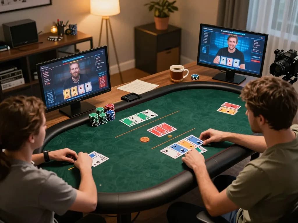 Players engage in online poker at TR88Vina, showcasing strategy and excitement in a cozy home office.