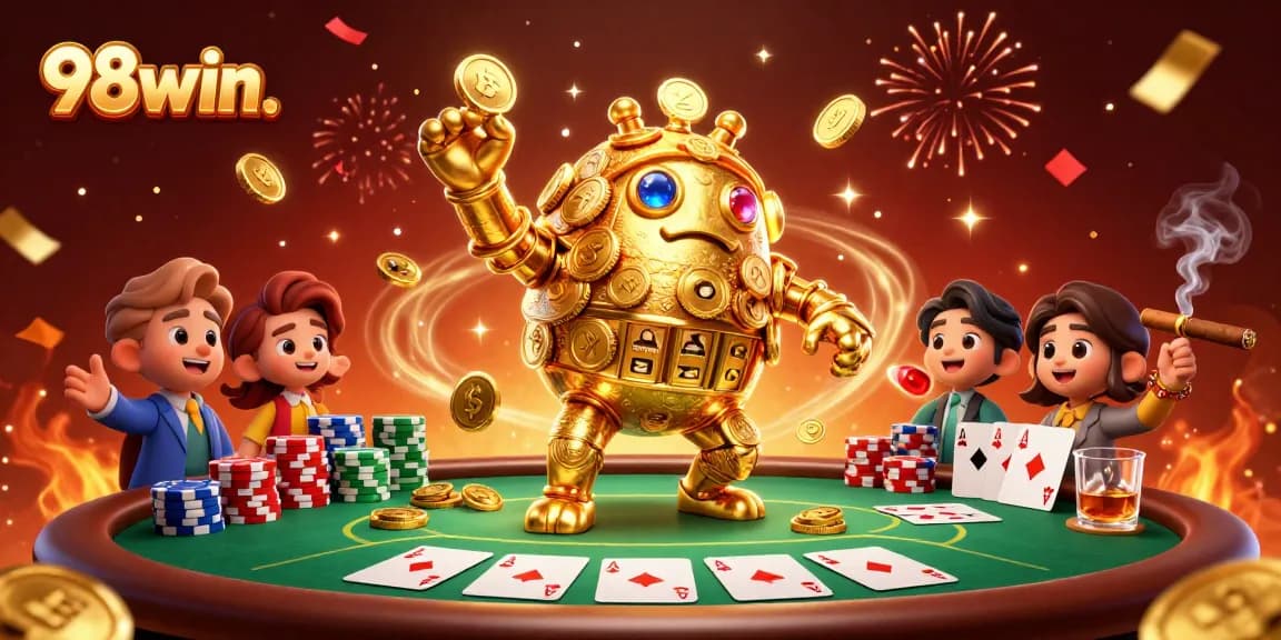Engage with 98win. casino excitement featuring a dynamic golden golem surrounded by poker elements.