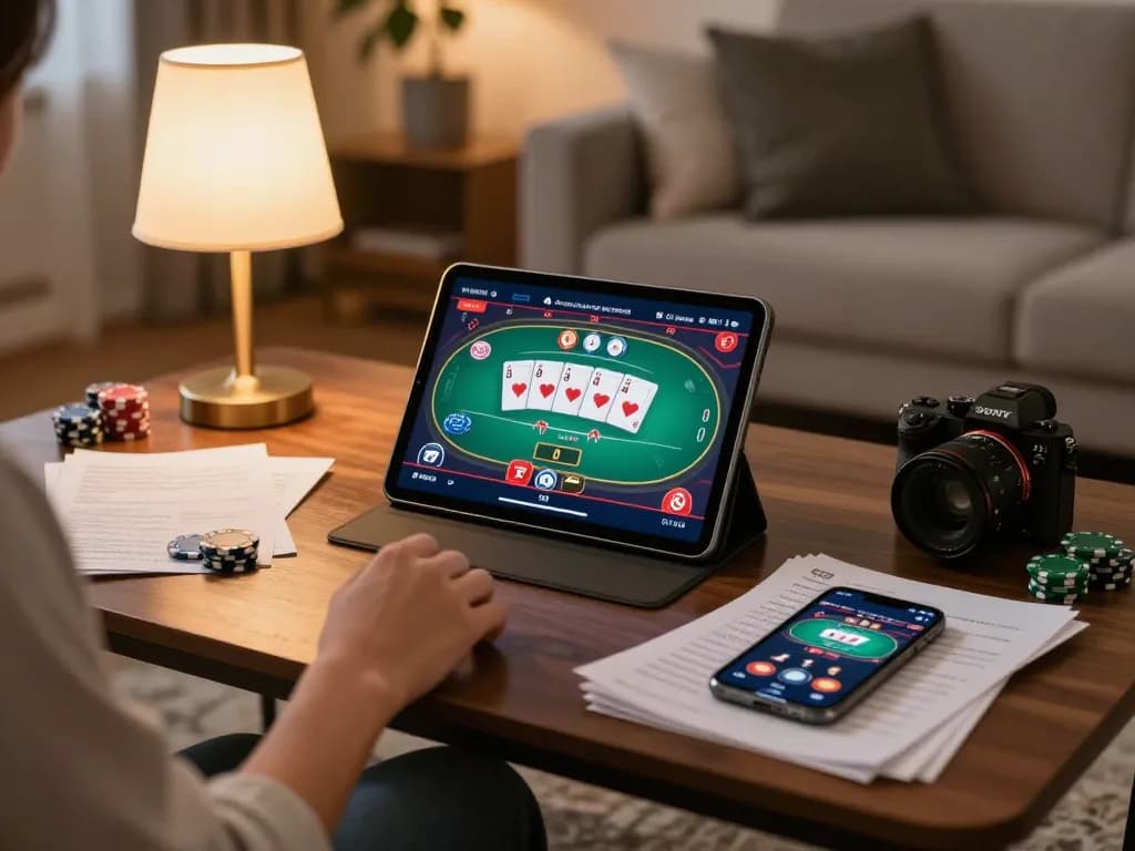 Player enjoying online poker on 888New platform, showcasing dynamic gameplay and an inviting home atmosphere