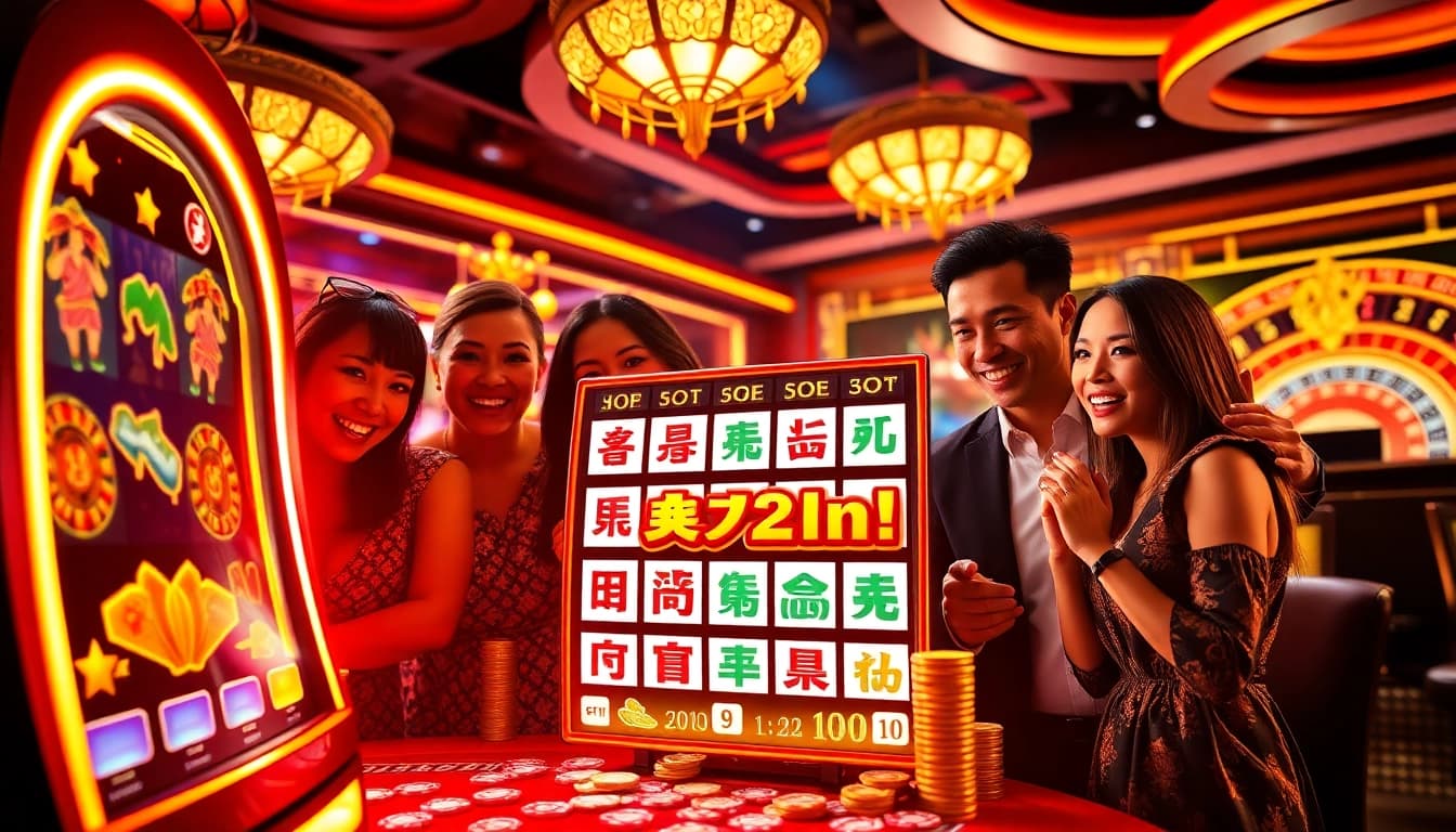 Players enjoying the thrill of slot mahjong at a luxurious casino, surrounded by poker chips and vibrant slot machines.