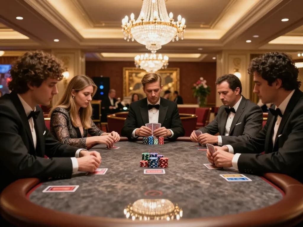 Strategic poker players at fabet's luxurious casino table making tense decisions in an upscale atmosphere.