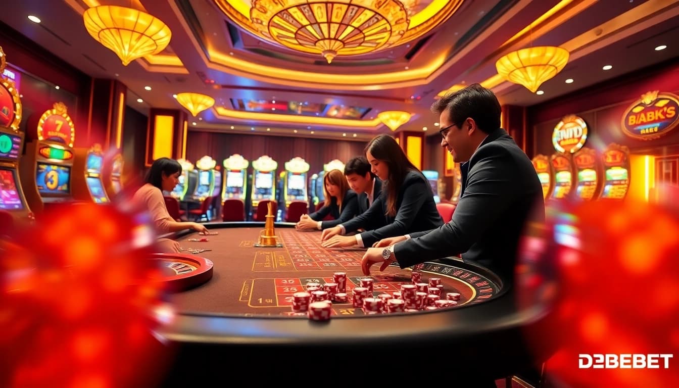 Experience high stakes and excitement at Trang Chủ DEBET, featuring vibrant gambling elements like poker chips and roulette wheels.