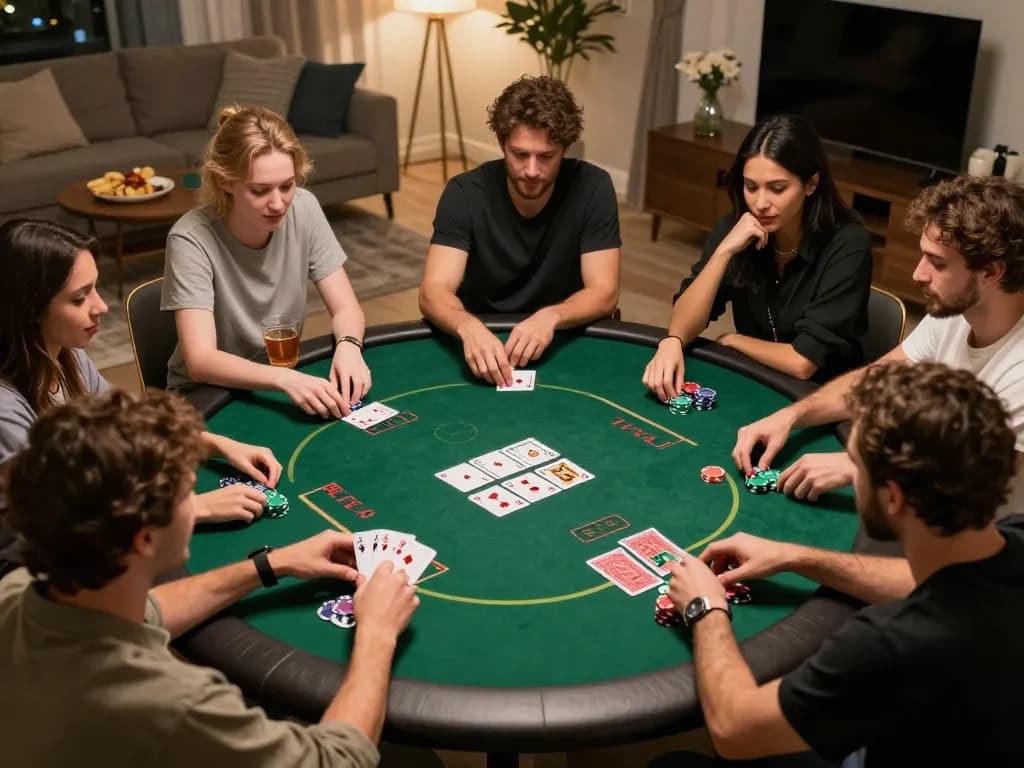 Friends enjoying a lively KJC poker night, showcasing excitement and strategy at a cozy table.