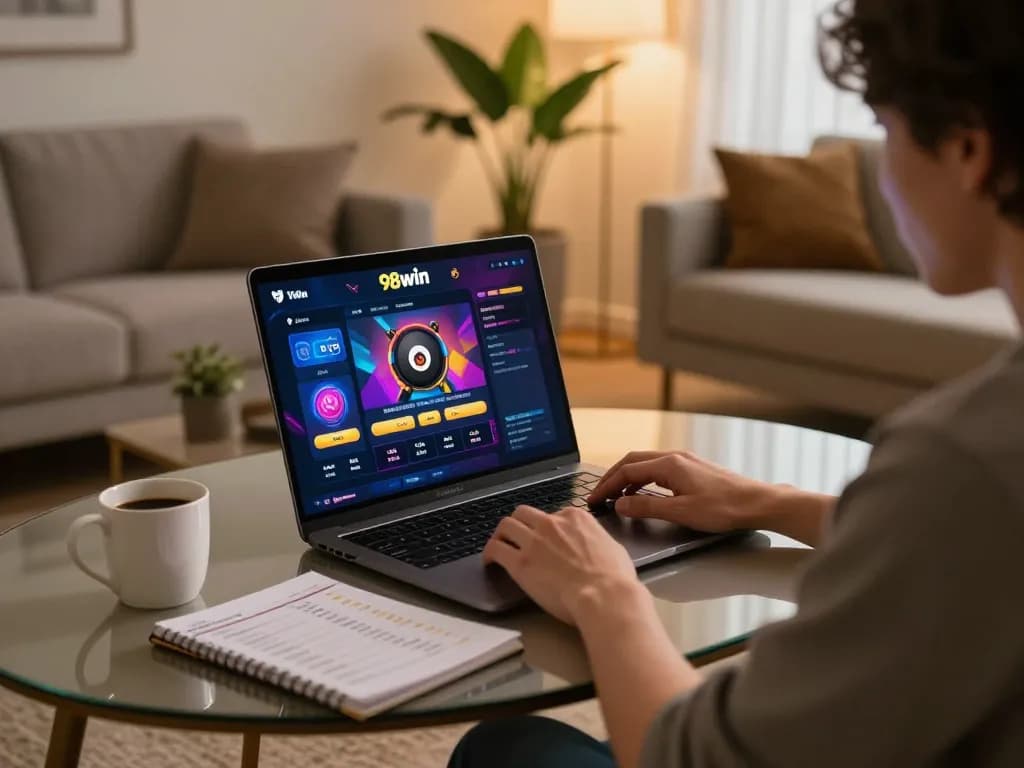 Player engaging in online betting on 98win trang chu, with strategies visible in a cozy living room setup.