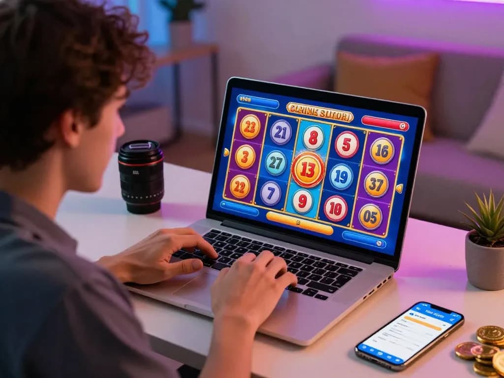 KDTOTO player experiencing online lottery excitement in a vibrant home office.