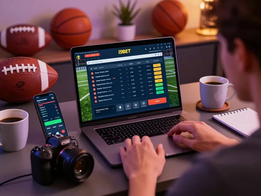 Person placing bets on i9BET sports platform using a laptop in a cozy home setting.
