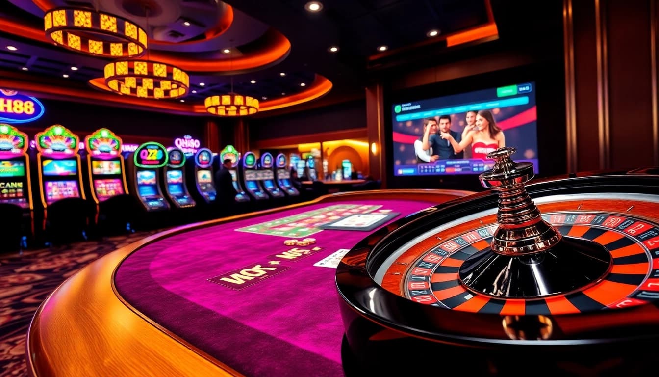 Experience the thrill of betting at QH88 casino with a vibrant gaming table and slot machines.
