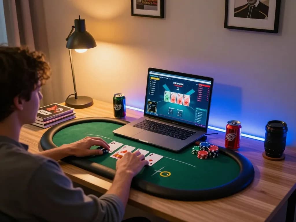 Engaging poker session with viral88 on a laptop, showcasing strategic gameplay and cozy home setting