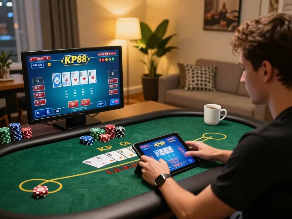 Engaging in KP88 online casino gaming from a cozy home setup, highlighting a vibrant gaming experience.