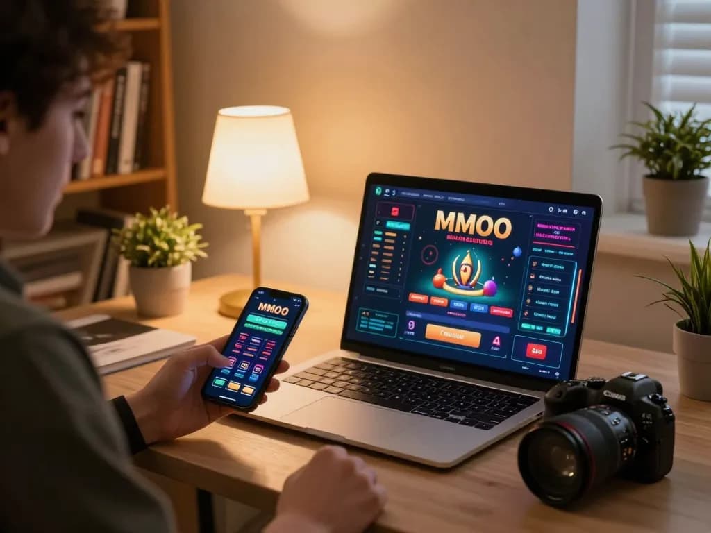 Engaging in MMOO online gaming with laptop and smartphone, showcasing a cozy gambling experience.