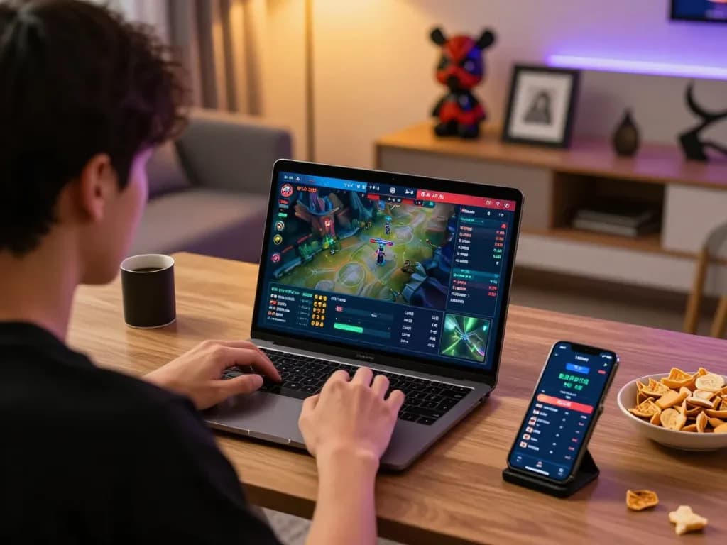 Engaging in esports betting Singapore with a lively home setup showcasing an active betting session on popular games.