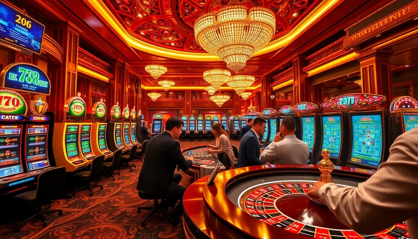 A dynamic casino scene depicting players at 78wintl.org engaging with exciting slot machines and roulette.