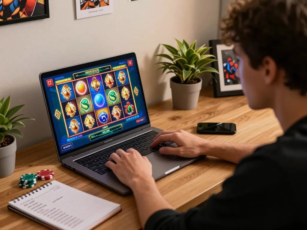 Player enjoying engaging online slot game on laptop with lovingaze branding visible