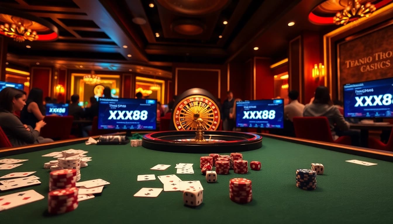 Exciting online gambling scene at trang chủ xx88 with vibrant casino tables and enthusiastic players.