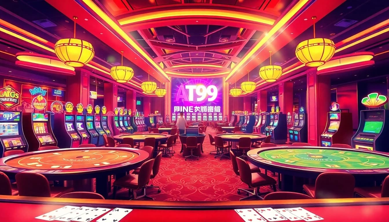 Experience excitement in the vibrant casino atmosphere of AT99娛樂, featuring lively game tables and colorful slots.