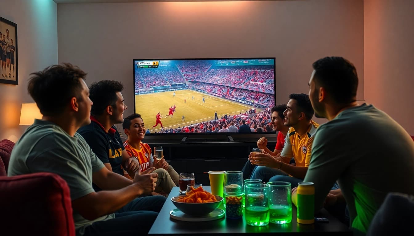 SOCOLIVE TV scene featuring passionate soccer fans enjoying a live match together, showcasing excitement and community.