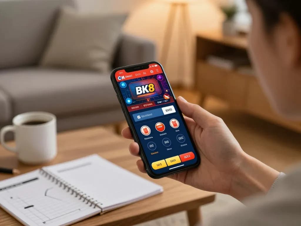 Engaging moment with bk8 casino app displayed on smartphone during home gambling session.