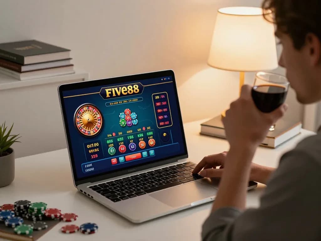 Player engaging with the five88 online casino interface, focusing on a thrilling roulette spin.
