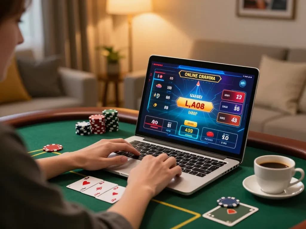 Engaging in online poker gameplay at home using say88 on a laptop amidst a cozy atmosphere.