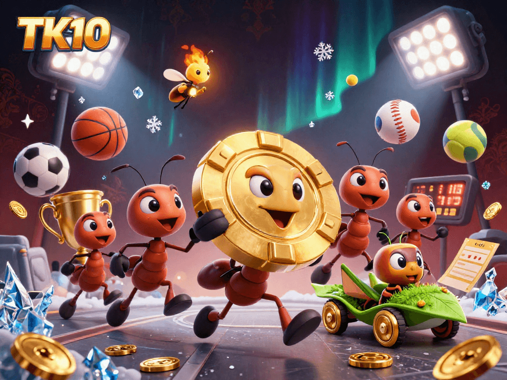 TK10 showcases a thrilling scene of ants carrying a giant poker chip filled with excitement and adventure.