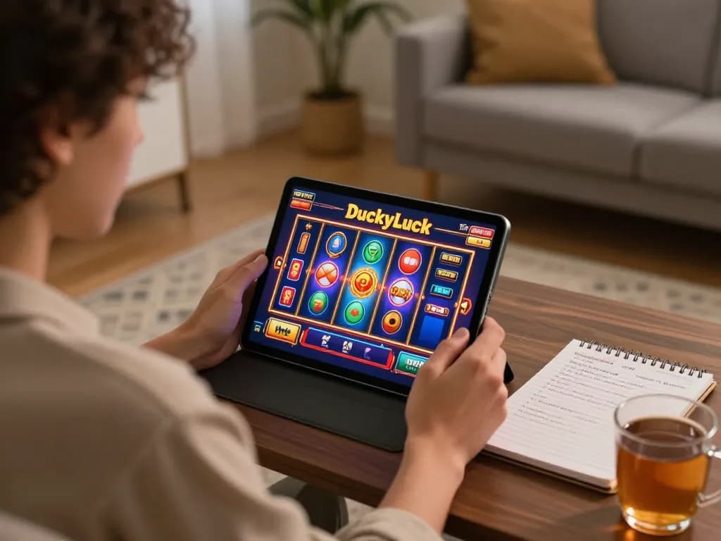 DuckyLuck casino reviews show engaging gameplay on a tablet at home, showcasing strategic notes and a cozy atmosphere.