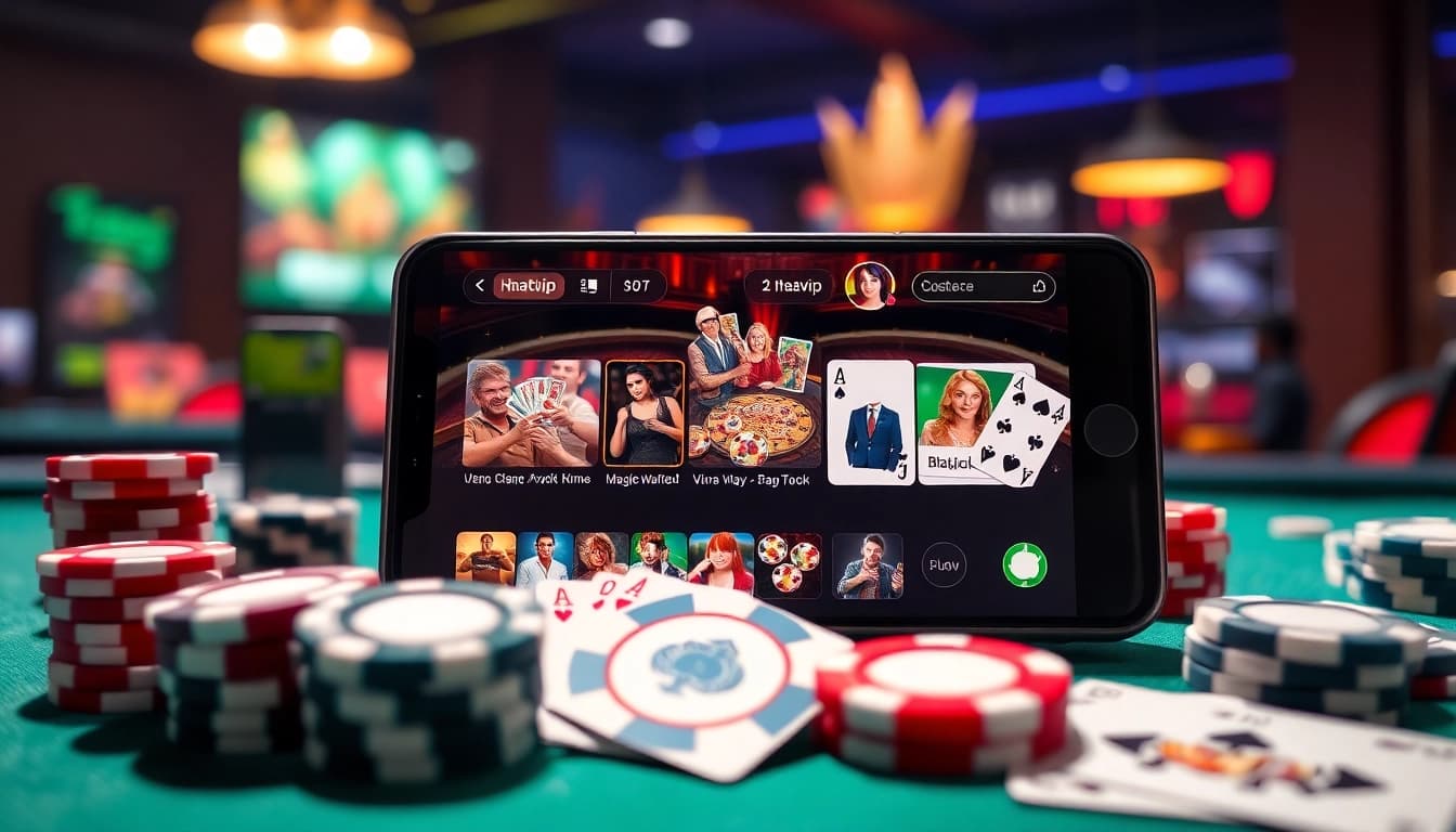 Link đăng nhập Nhatvip on a smartphone with colorful casino games background.