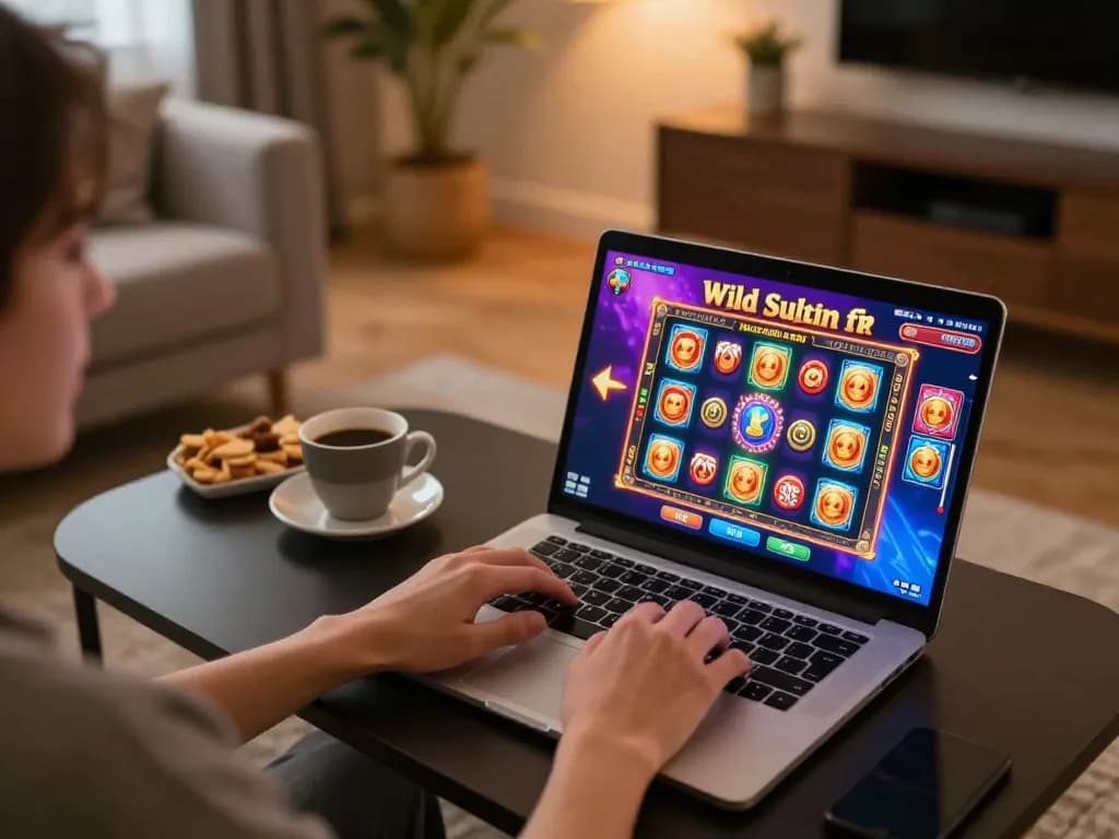 Engaging in online gaming at home with Wild Sultan fr casino on a laptop, showcasing a vibrant gaming atmosphere