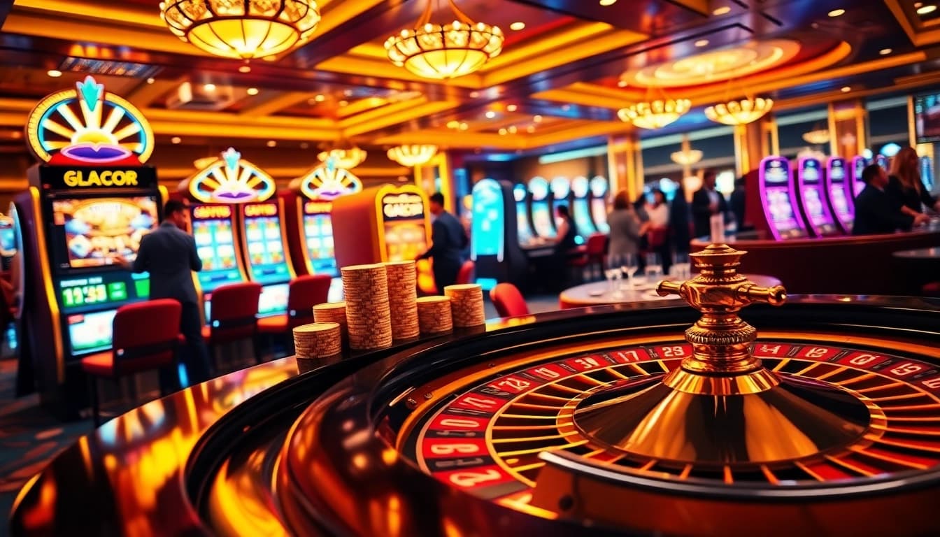 Experience the excitement of Slot gacor at this luxurious casino scene, featuring roulette and vibrant slot machines.