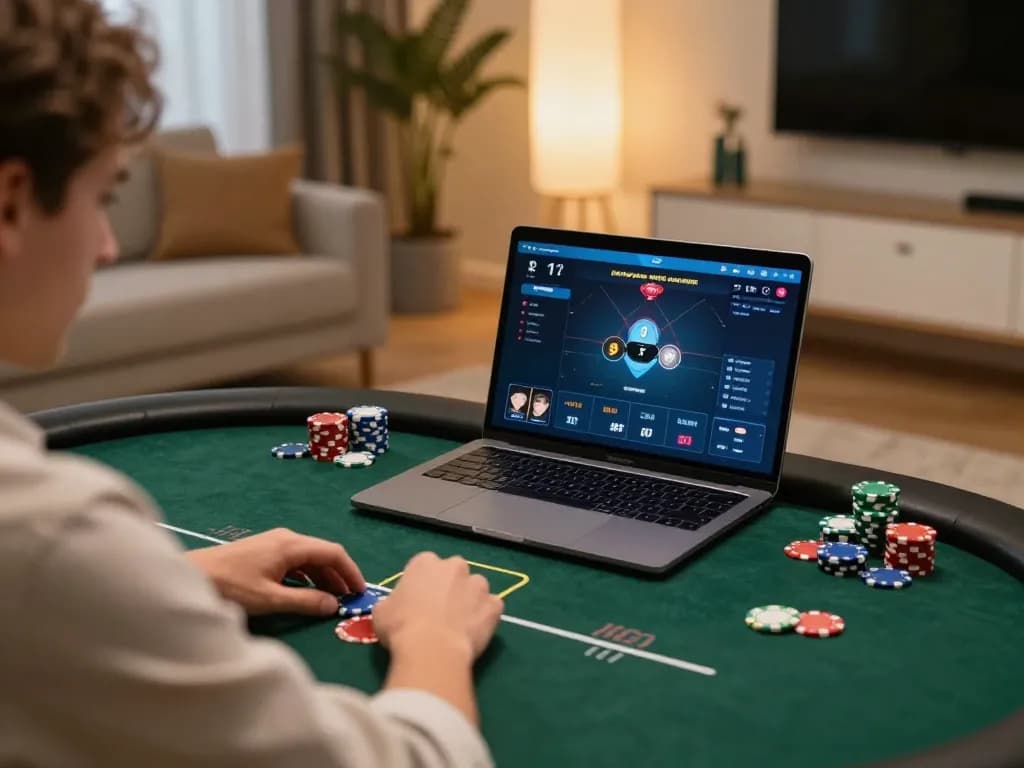 Engaged player on rwin poker site, dynamic gameplay with colorful chips visible
