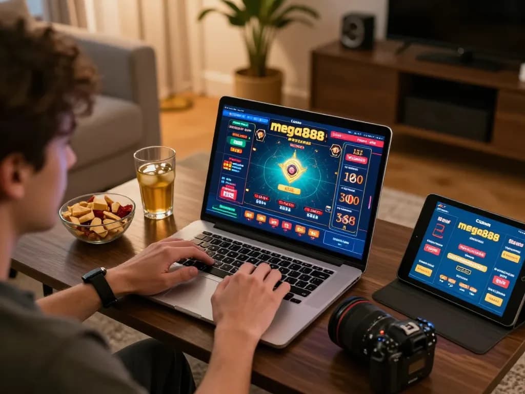 Engaging online mega888 gameplay on laptop in cozy home setting, emphasizing strategic betting.