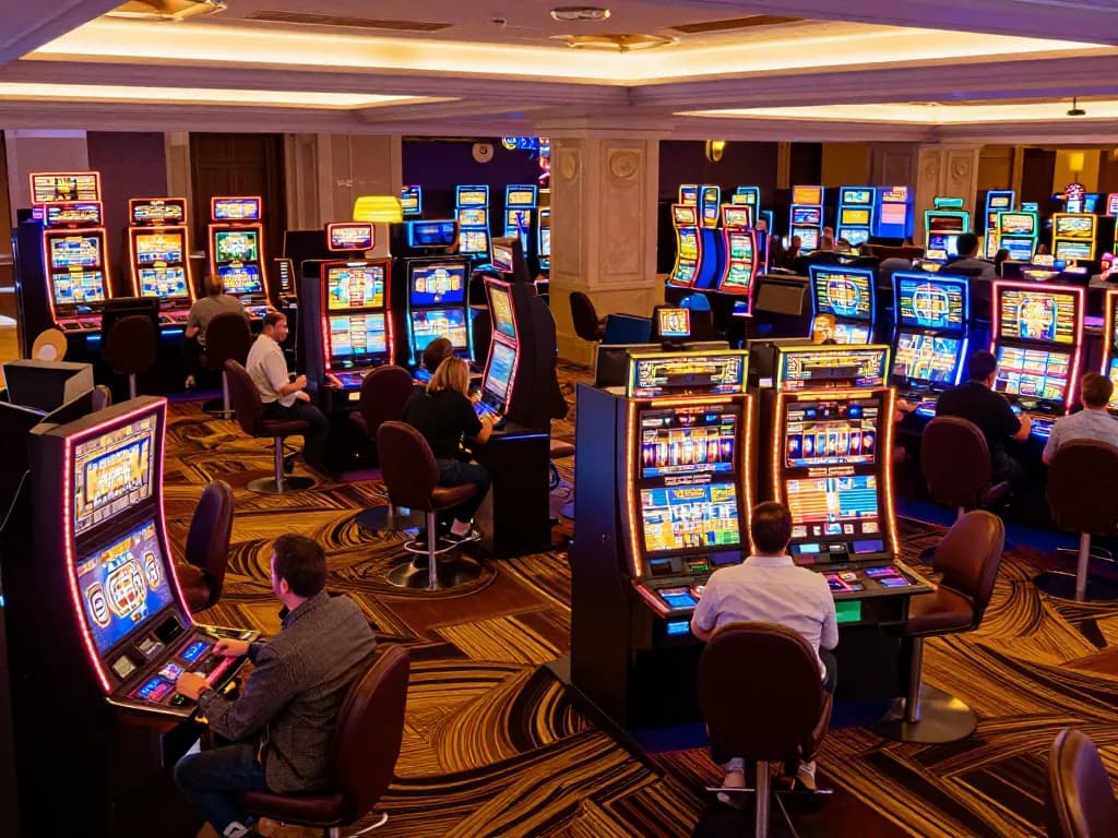 Players enjoying vibrant slot machines at TG88, highlighting excitement in a lively casino atmosphere